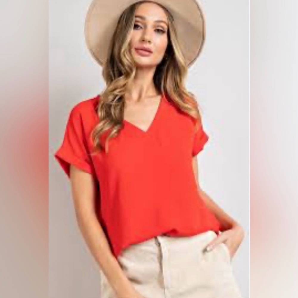 Lush Red Hi-Low Hem Blouse, Flowy Lightweight V-neck Top